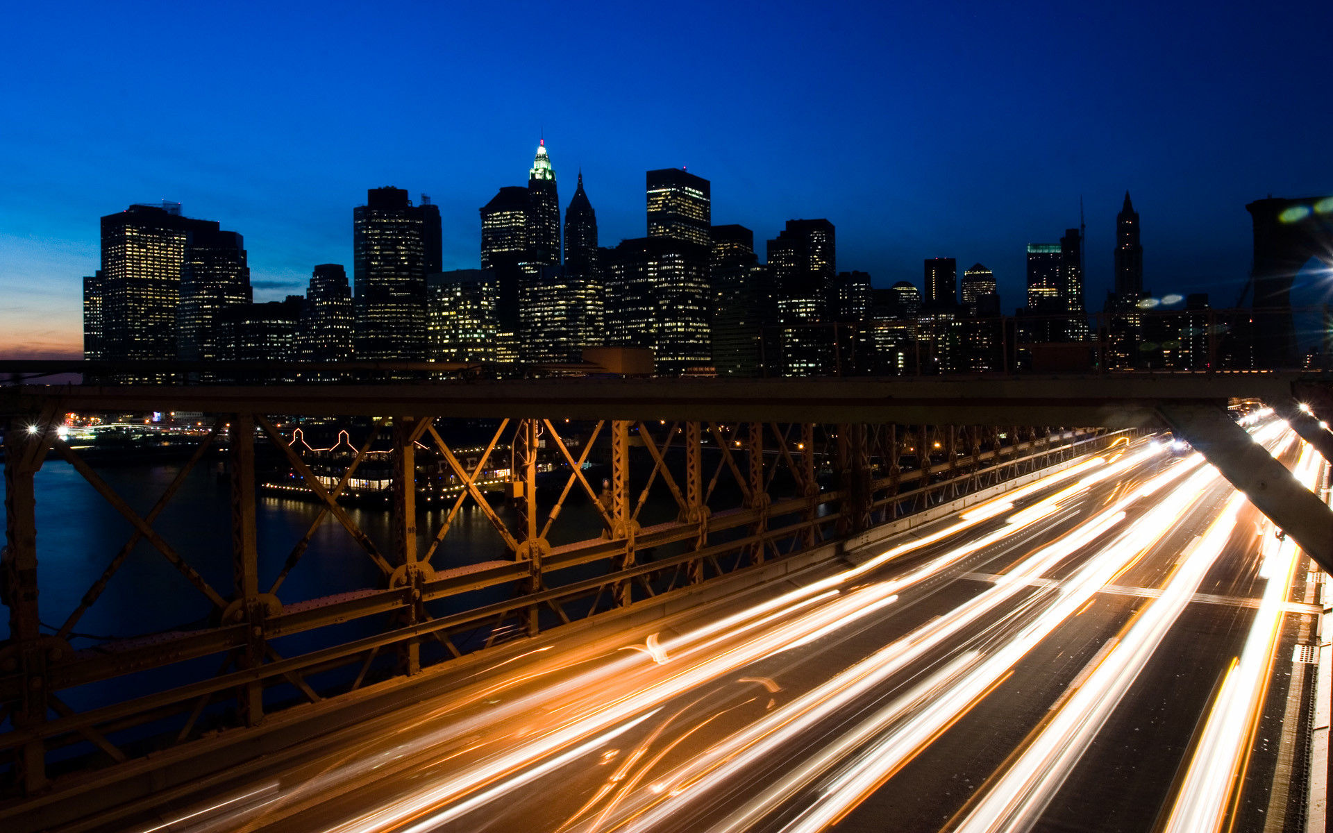 Ponte di Brooklyn, Lower Manhattan, New York, Scie luminose, Notte, sfondo 1920x1200 per PC