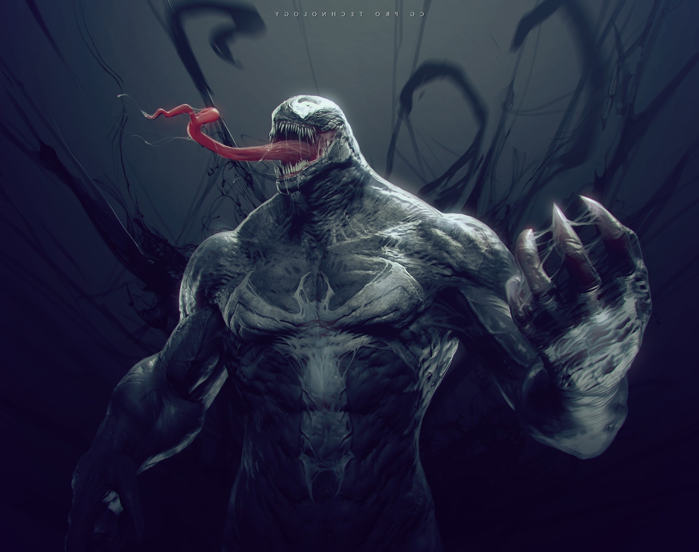 Venom, Arte digitale, Lingua, Blu scuro, Full HD, sfondo per PC