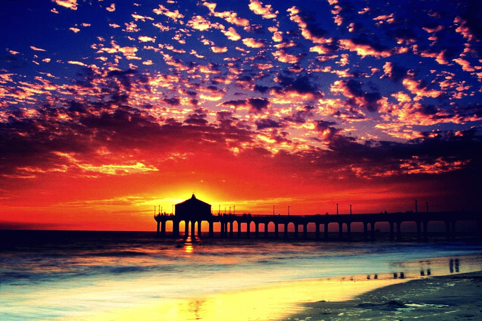 Manhattan Beach Pier, Molo, Tramonto, Nuvole rosse, Spiaggia, Full HD, wallpaper per portatile