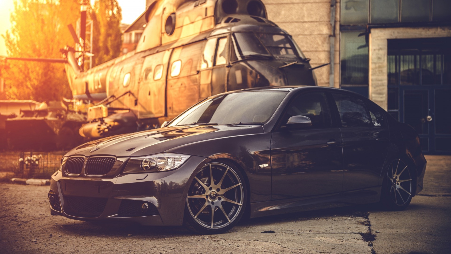 BMW Serie 3 (E90), BMW, Elicottero, Tramonto, Full HD, sfondo per portatile