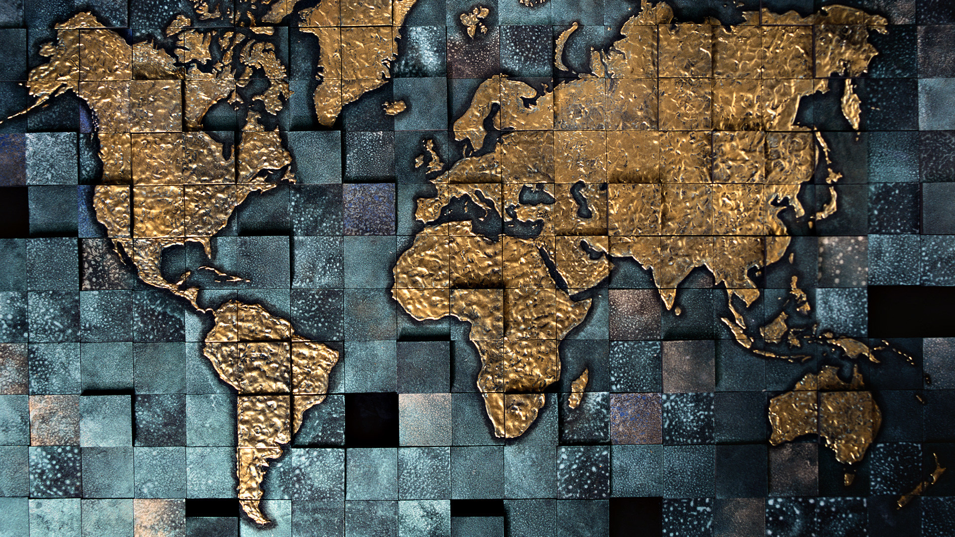 Mappa del mondo, Mosaico, Oro, Texture, 16:9 Full HD, sfondo widescreen