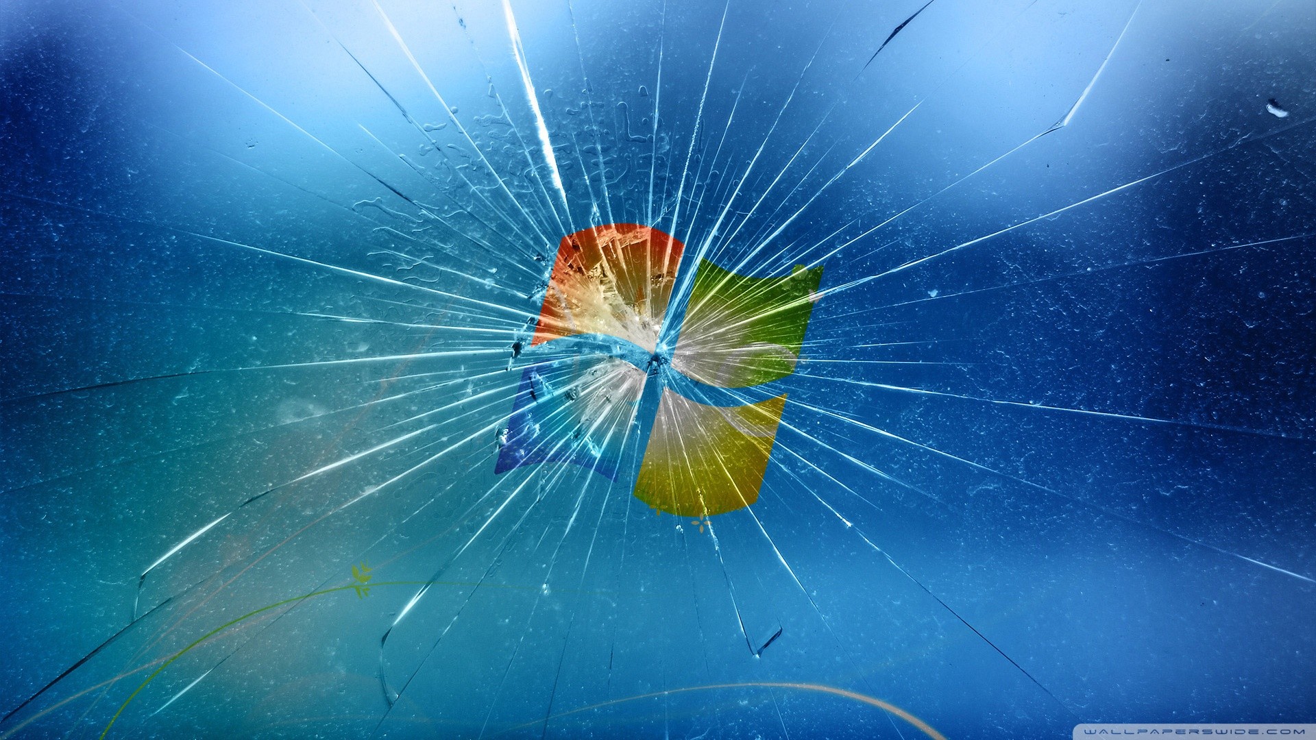 Windows 7, Logo Windows, Vetro rotto, Sfondo blu, Full HD, wallpaper per computer
