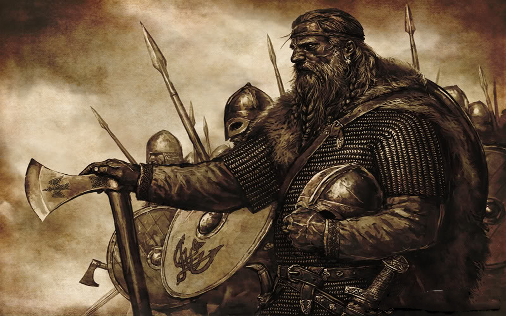 Vichinghi, Guerriero barbuto, Ascia, Scudo, Seppia, 1920x1200, immagine di sfondo