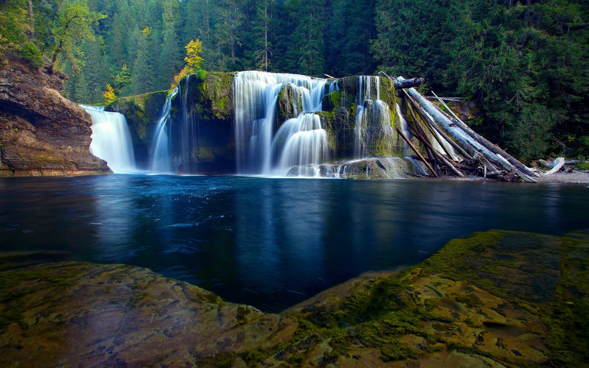 Lower Lewis River Falls, Cascata, Foresta, Lago, Full HD, sfondo per desktop