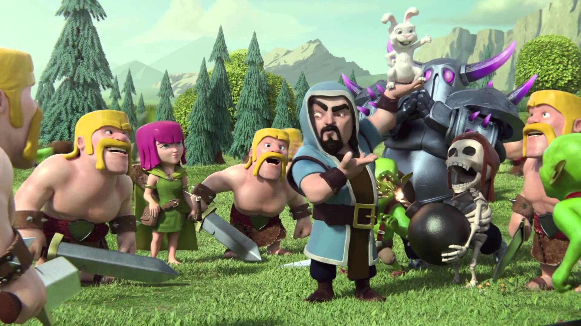 Stregone, P.E.K.K.A, Arciera, Barbaro, Clash of Clans, Bosco, Full HD, sfondo Windows 11