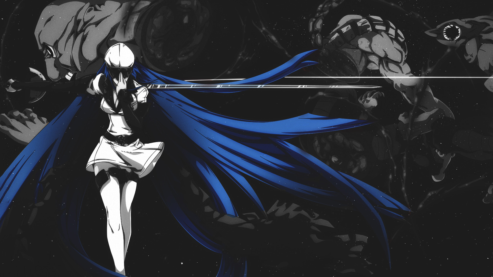 Akame ga Kill!, Esdeath, Katana, Capelli blu, Bianco e nero, Full HD, sfondo per PC