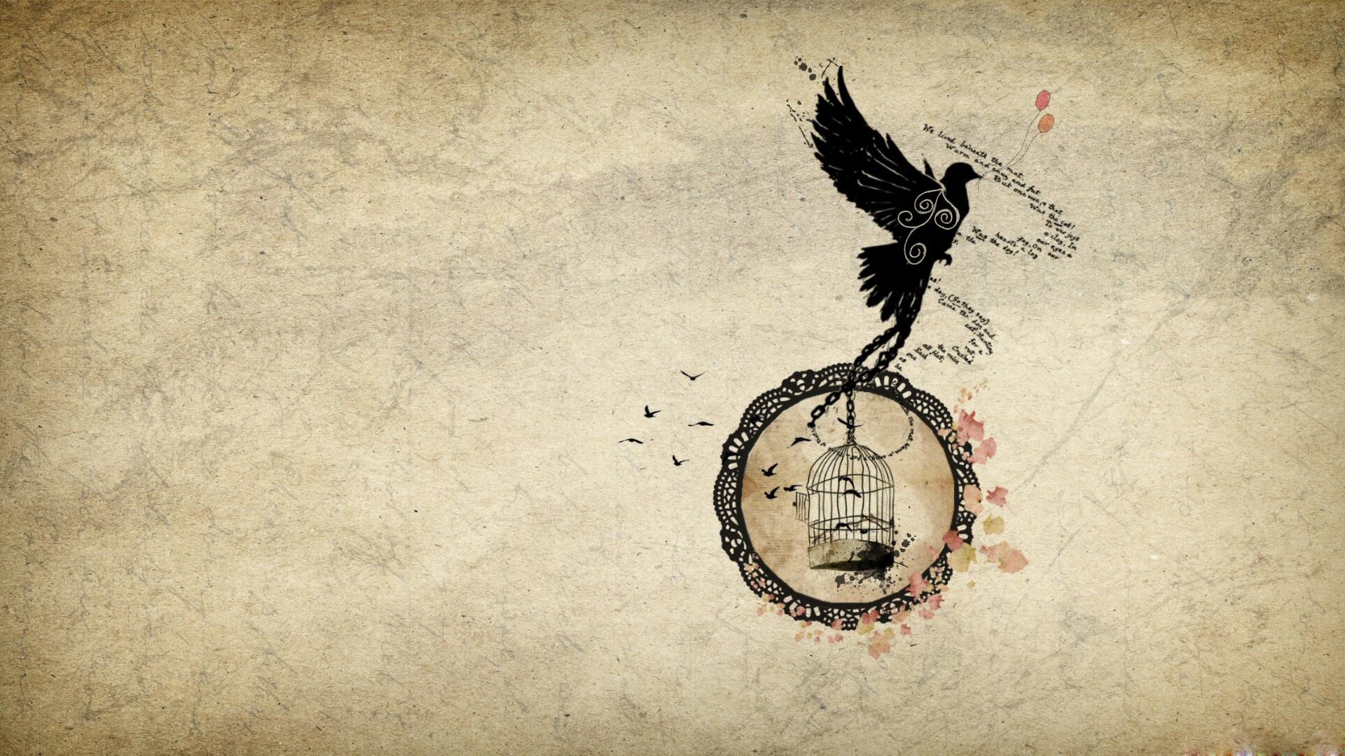 Uccello, Gabbia aperta, Illustrazione, Carta vintage, Libertà, Full HD, wallpaper per computer
