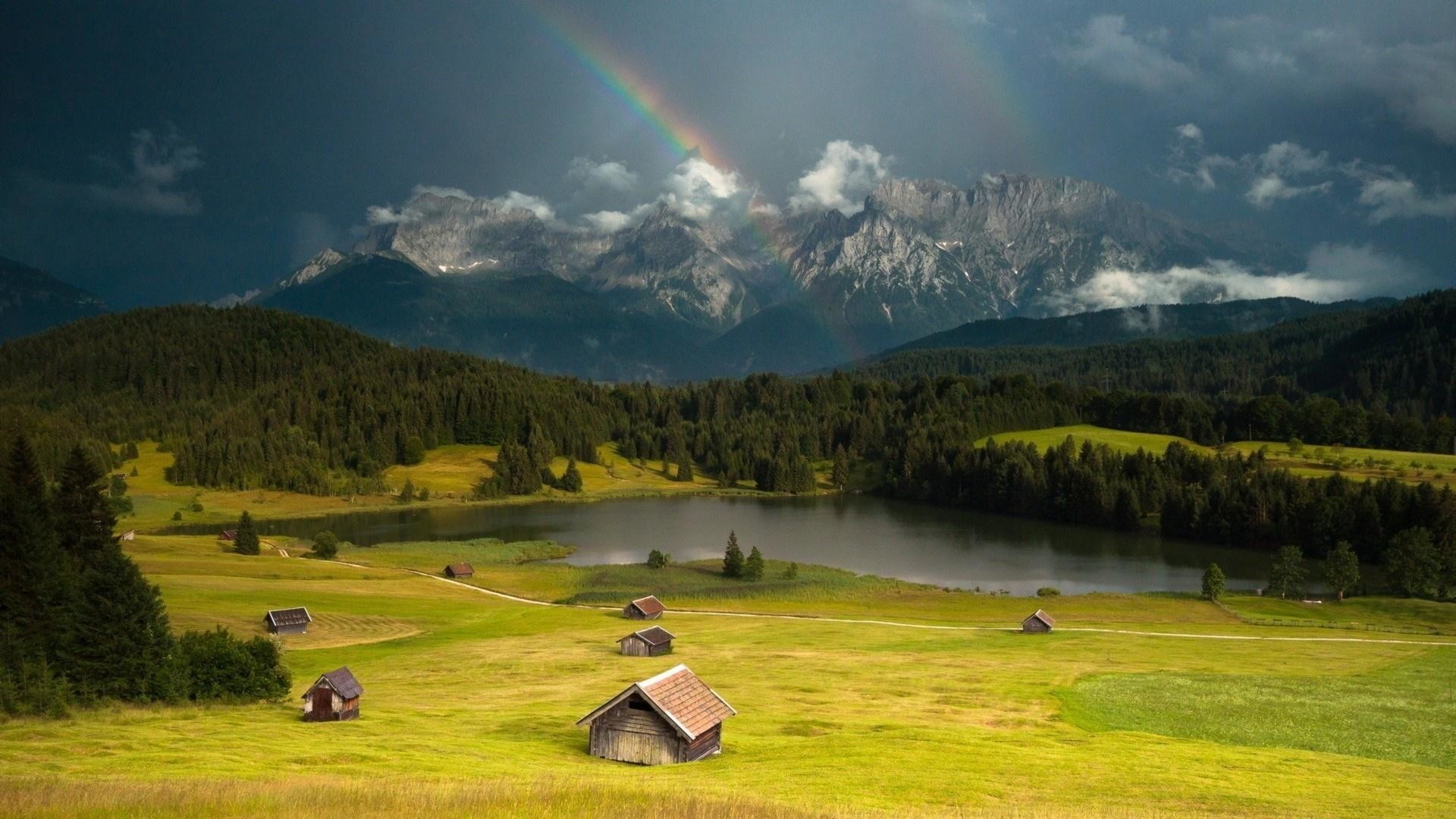 Arcobaleno, Montagne, Lago, Fienili, Alpi, 1920x1080, immagine di sfondo