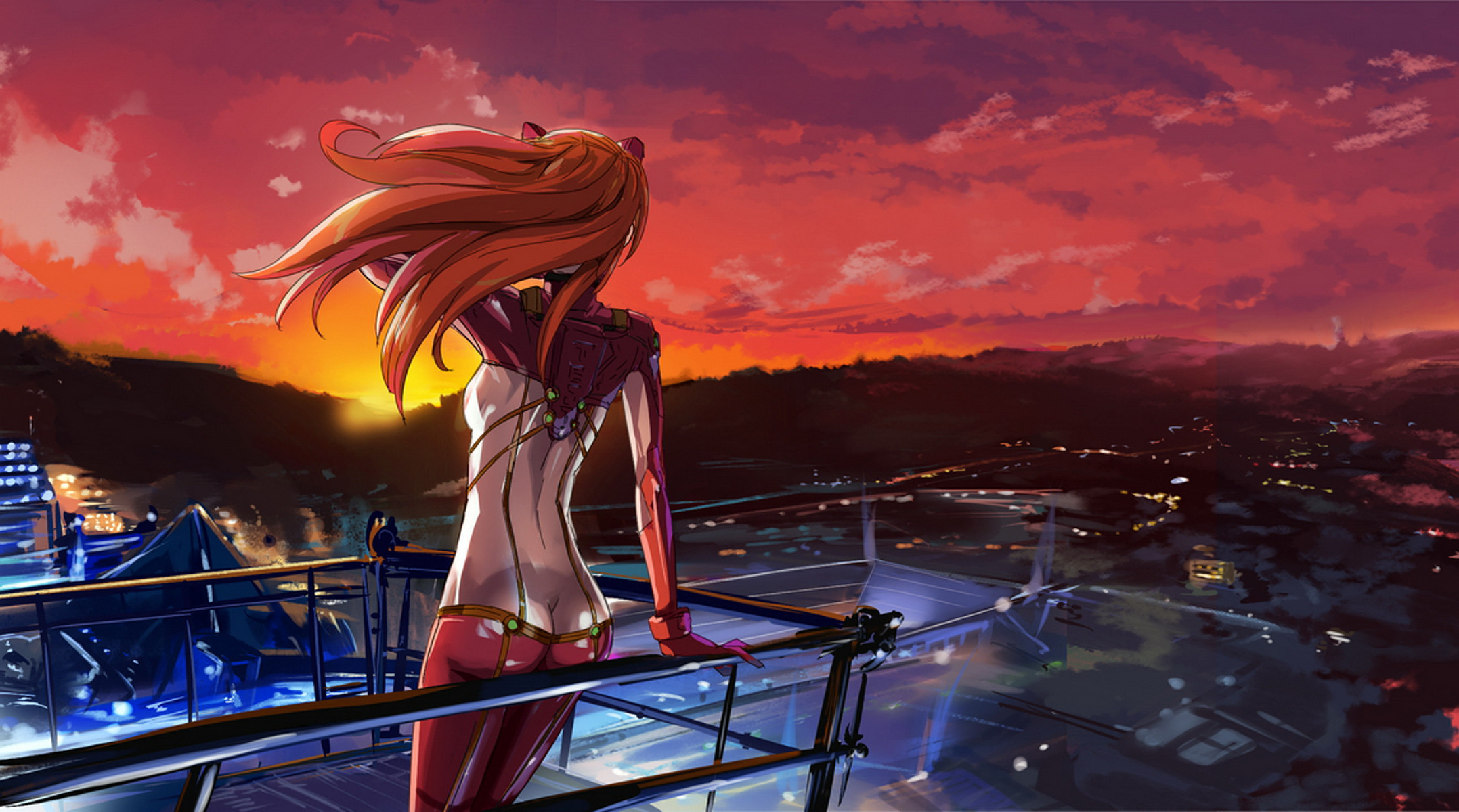 Asuka Langley Soryu, Neon Genesis Evangelion, Plugsuit, Tramonto, Città, sfondo Windows 11