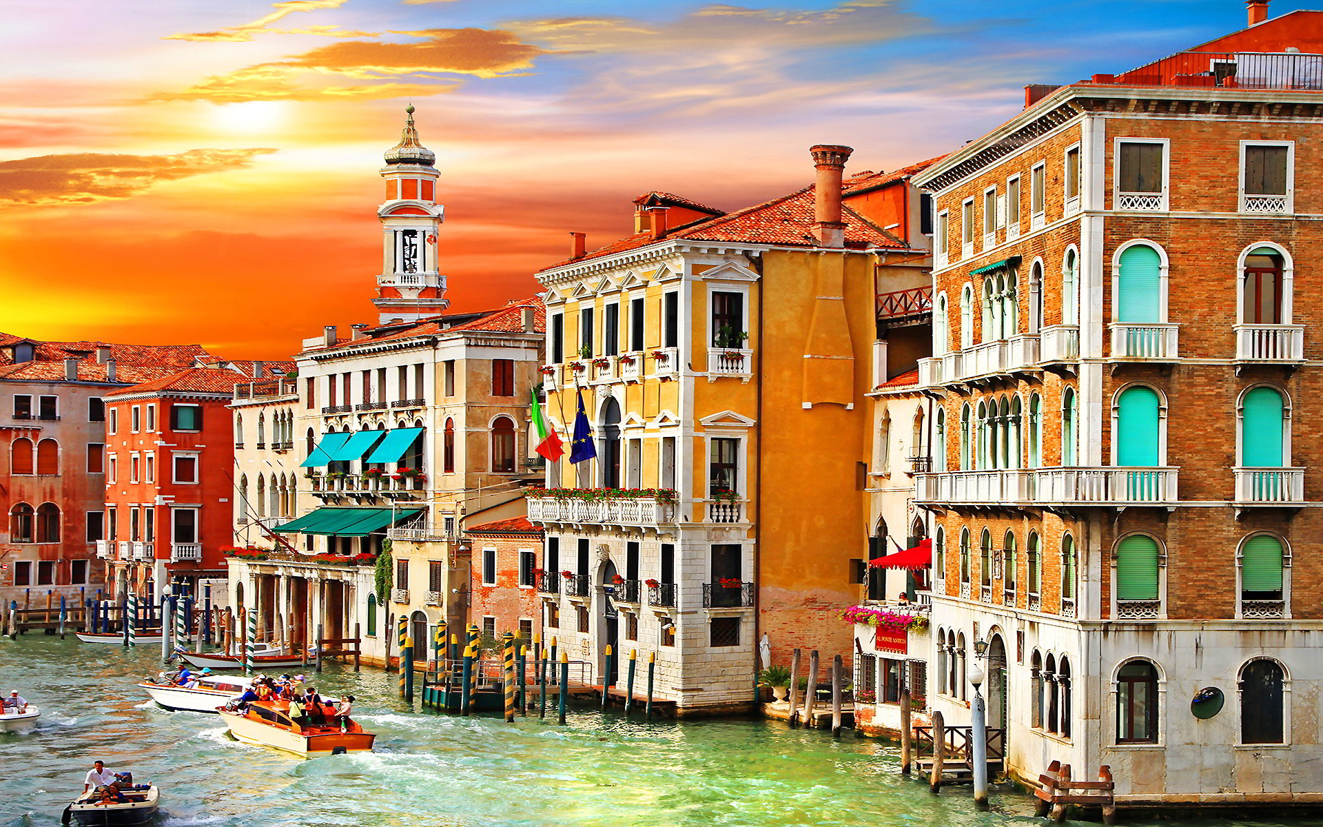 Canal Grande, Venezia, Palazzi colorati, Tramonto, 1920x1200, immagine di sfondo