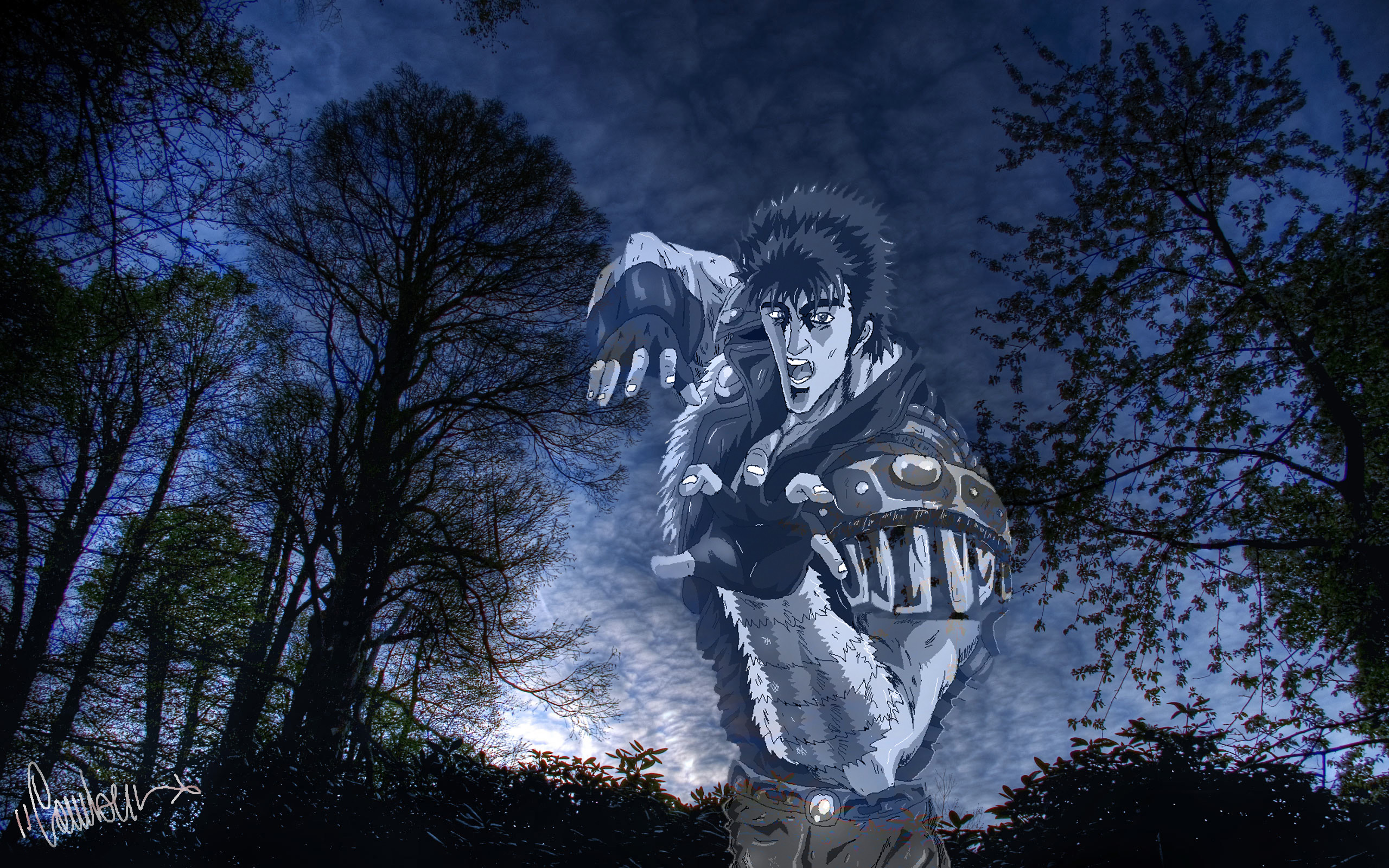 Kenshiro, Ken il guerriero, Alberi, Notte, Toni blu, 2K, sfondo desktop
