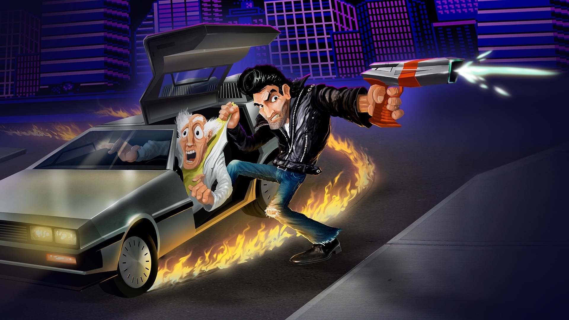 Doc Brown, Marty McFly, DeLorean DMC-12, Ritorno al futuro, Illustrazione, Notte, sfondo per PC