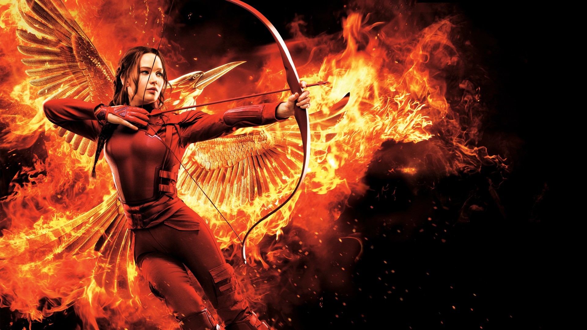 Jennifer Lawrence, Katniss Everdeen, Hunger Games: Il canto della rivolta, Arco, Ali di fuoco, sfondo 1080p