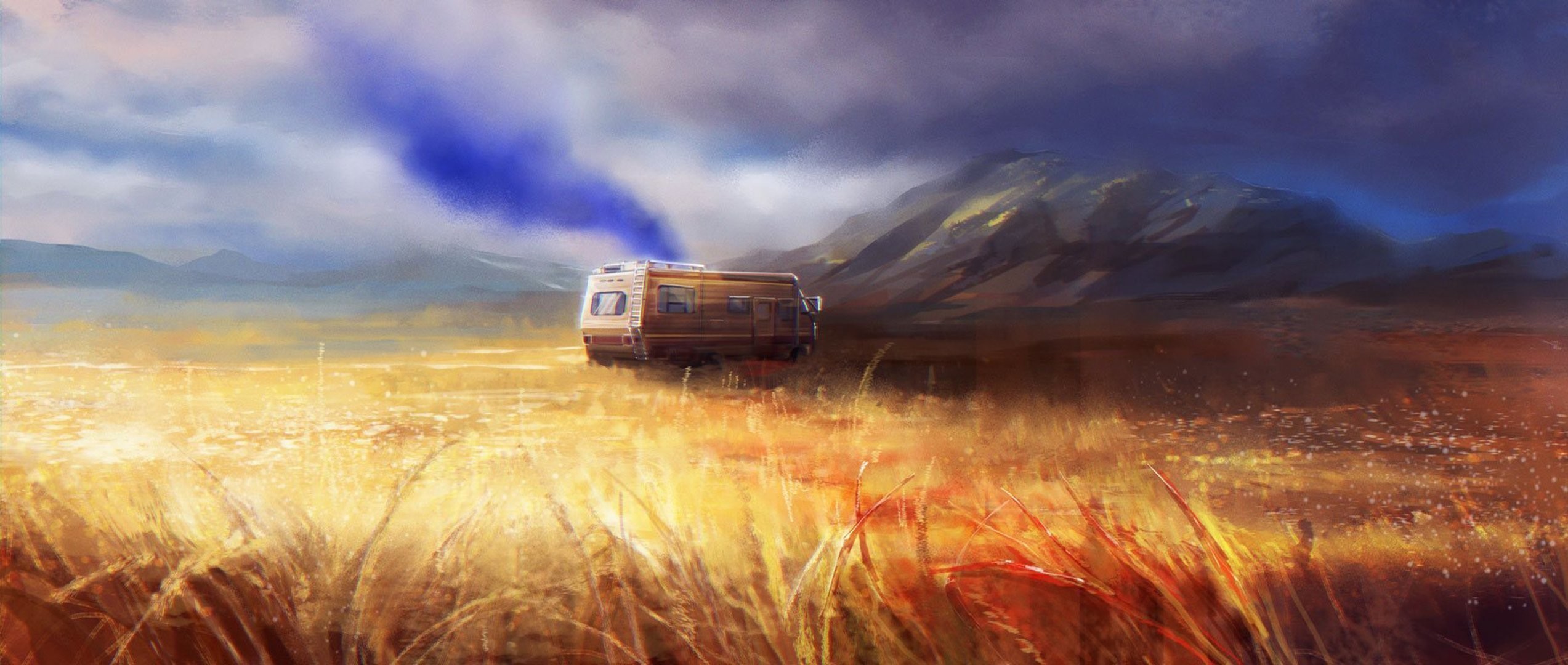 Breaking Bad, Camper, Pittura, Deserto, Fumo blu, 21:9 Full HD, sfondo widescreen