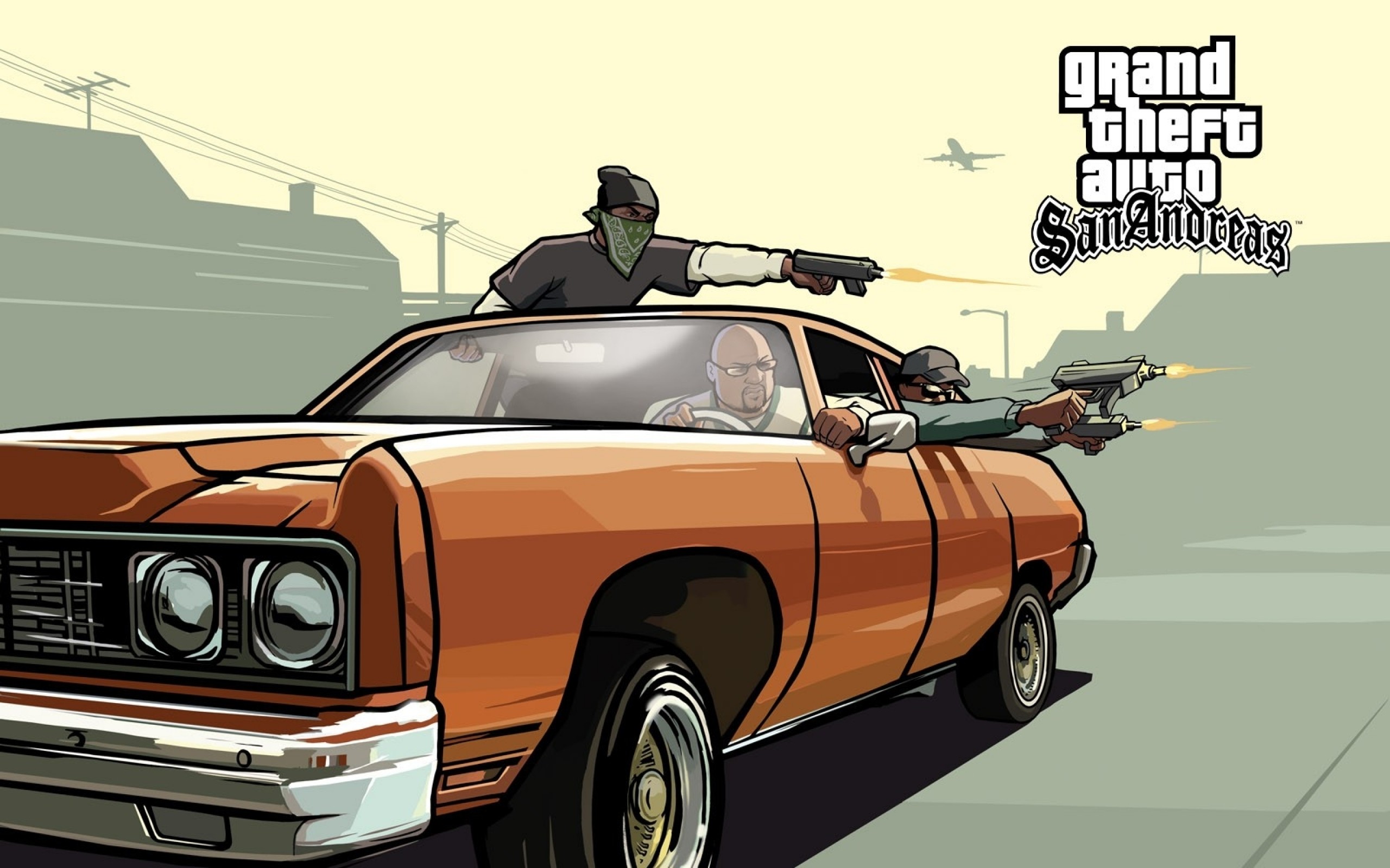 GTA San Andreas, Sparatoria in auto, Logo, Artwork, 16:10 2K, sfondo widescreen