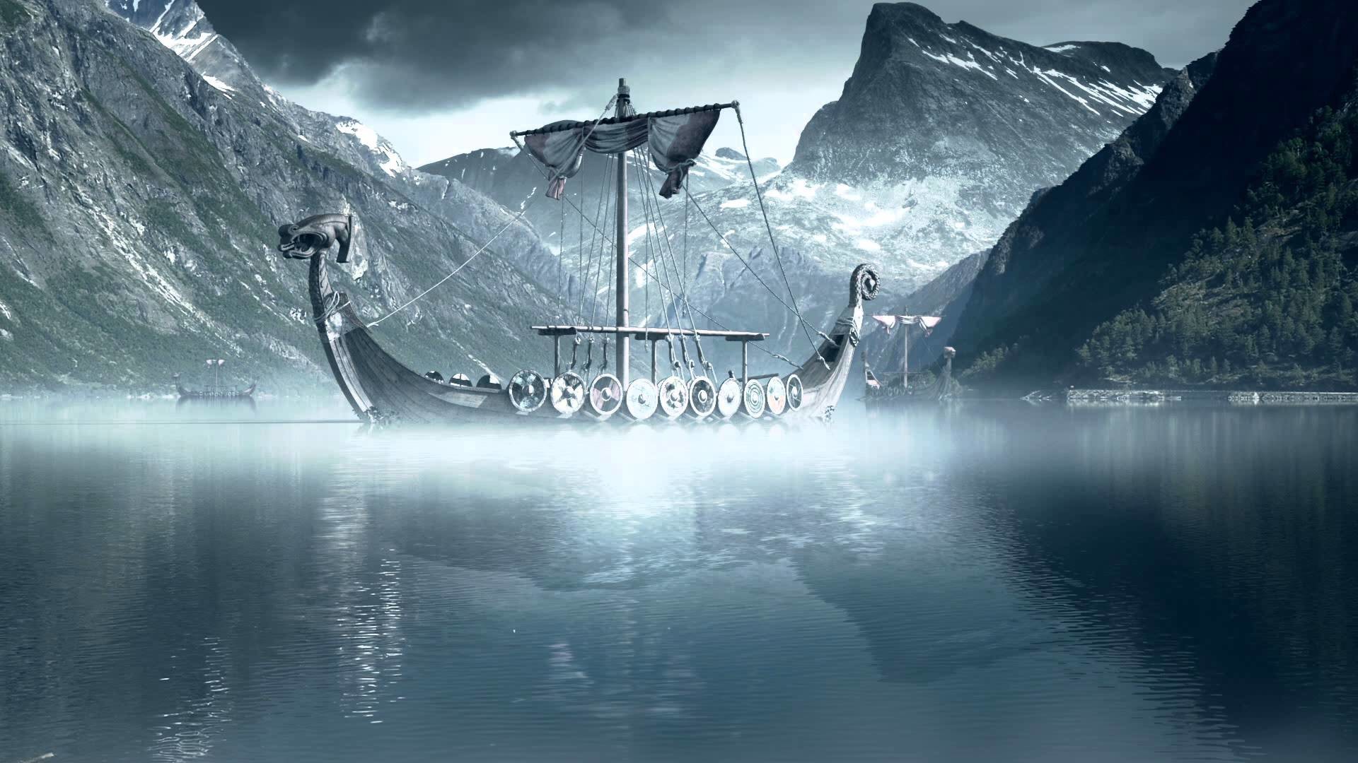 Drakkar, Fiordo, Montagne, Nebbia, 1920x1080, immagine di sfondo