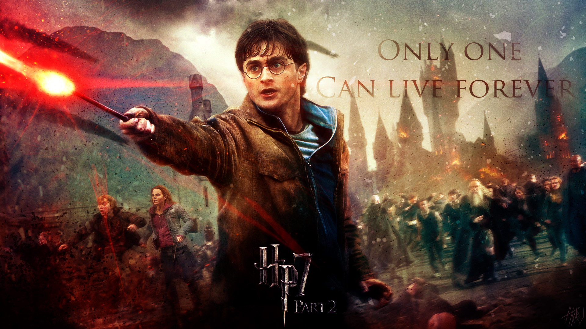 Harry Potter e i Doni della Morte - Parte 2, Harry Potter, Daniel Radcliffe, Bacchetta, Battaglia di Hogwarts, sfondo 1080p