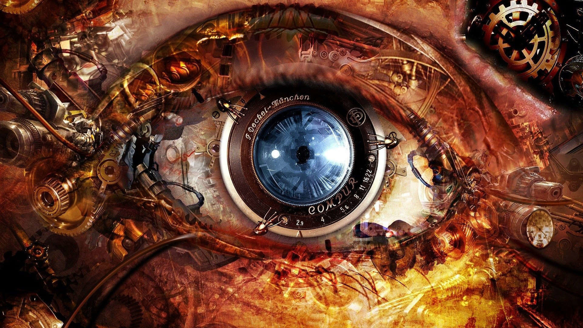 Occhio meccanico, Steampunk, Ingranaggi, Arte digitale, sfondo Full HD per desktop