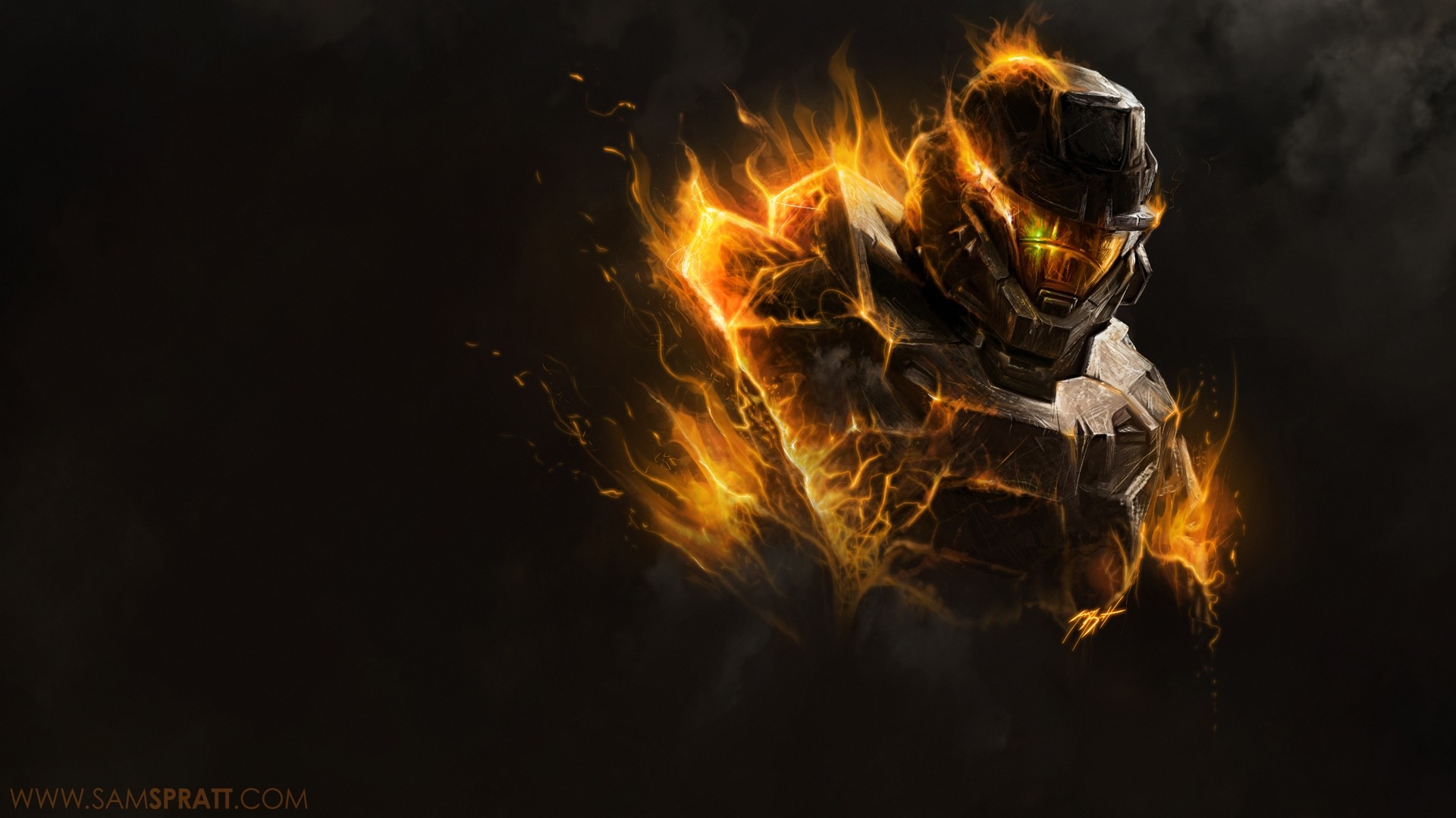 Master Chief, Halo, Fuoco, Sfondo scuro, 1920x1080, wallpaper desktop
