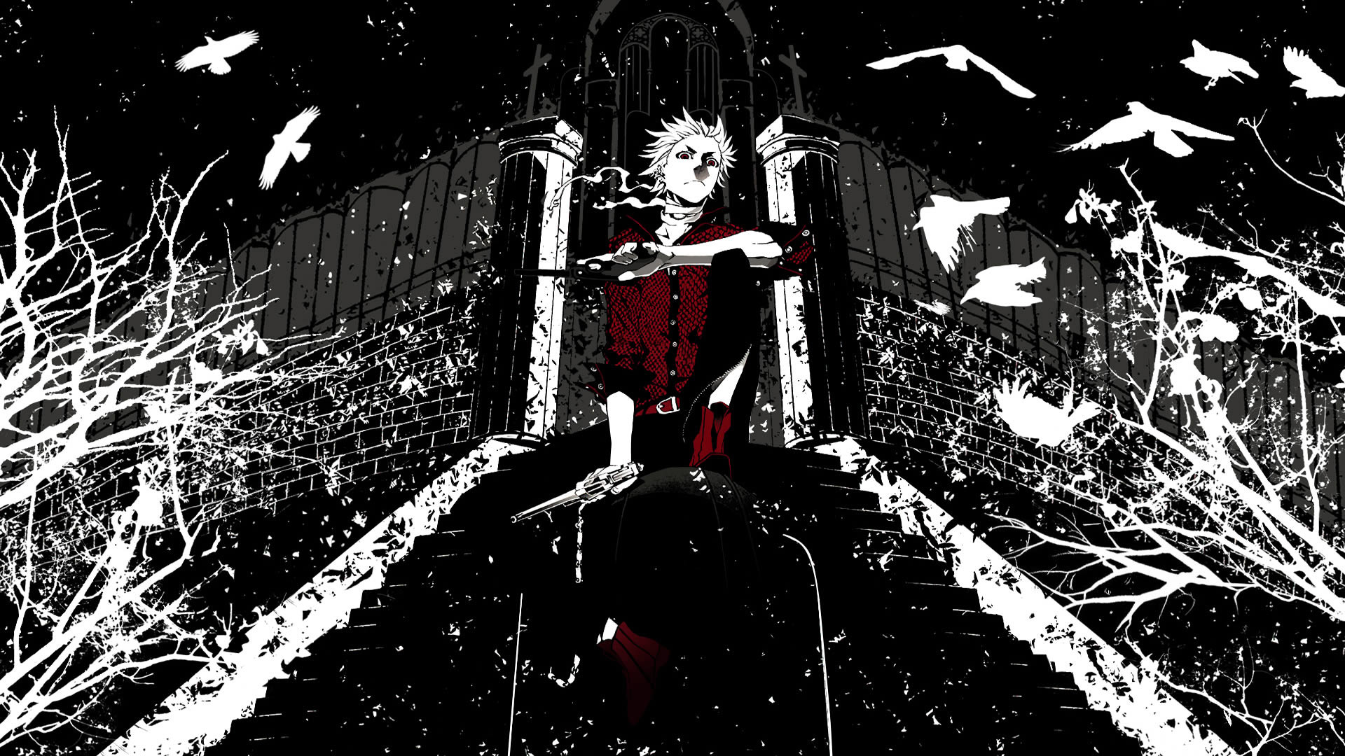 Ragazzo anime, Bianco e nero, Corvi, Cancello, Full HD, sfondo per PC