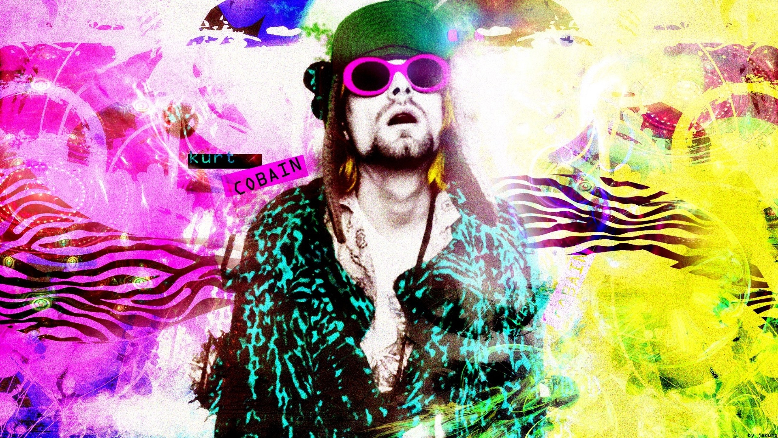 Kurt Cobain, Occhiali rosa, Arte digitale, Psichedelico, 2560x1440, sfondo per PC