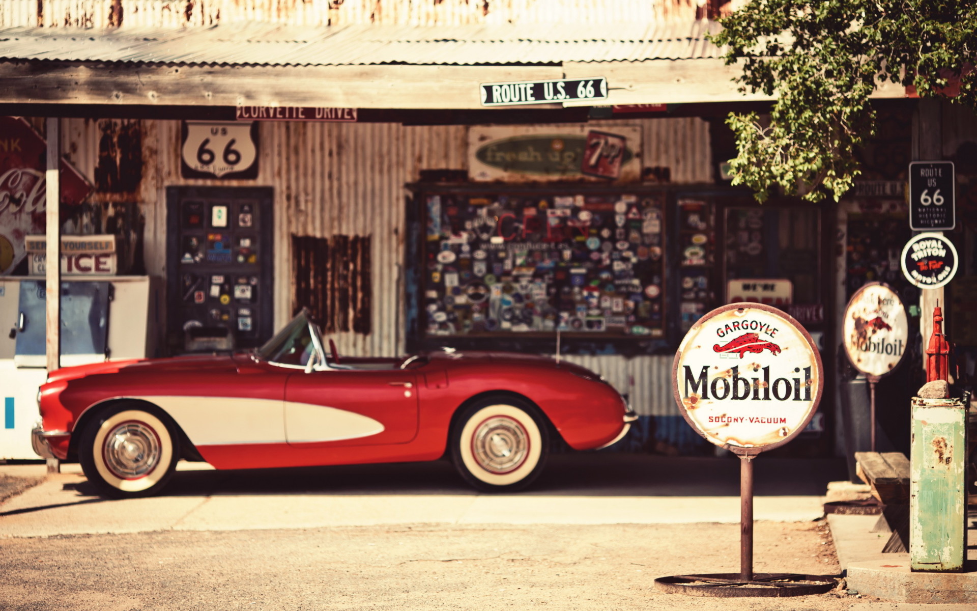 Route 66, Chevrolet Corvette C1, Mobiloil, Stazione di servizio, Vintage, sfondo desktop 1920x1200
