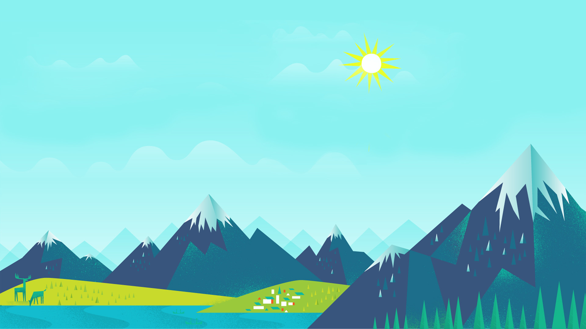 Flat design, Montagne, Sole, Cielo azzurro, Paesaggio, Full HD, wallpaper per computer