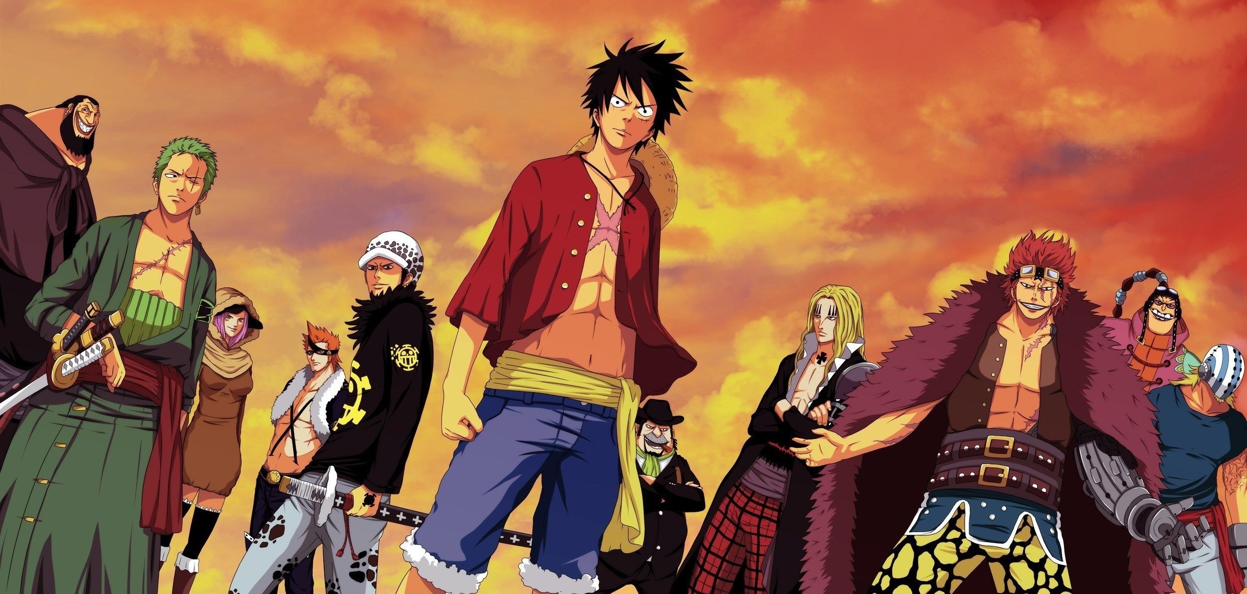 Monkey D. Luffy, Roronoa Zoro, Trafalgar Law, Eustass Kid, One Piece, Supernova, Tramonto, sfondo Full HD