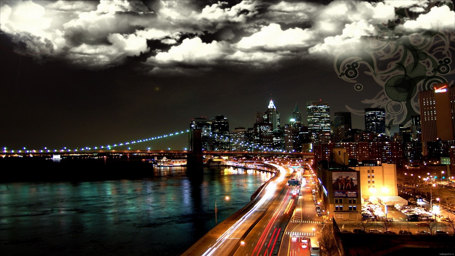 Ponte di Brooklyn, New York, Skyline, Notte, Scie luminose, sfondo PC Full HD