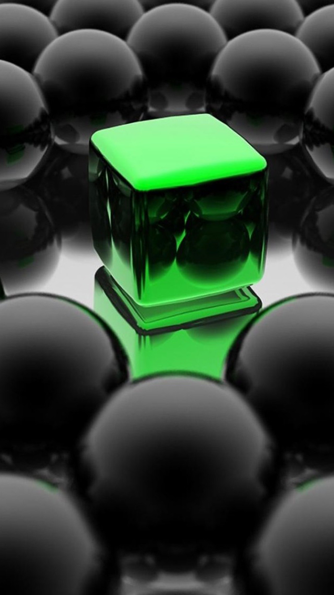 Cubo verde, Sfere nere, Arte 3D, sfondo per iPhone e Android