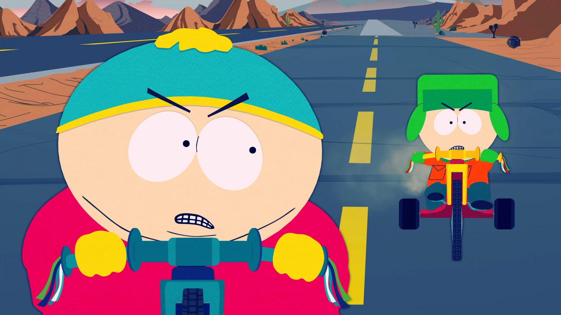 Eric Cartman, Kyle Broflovski, South Park, Triciclo, Strada, Full HD, sfondo Windows 11