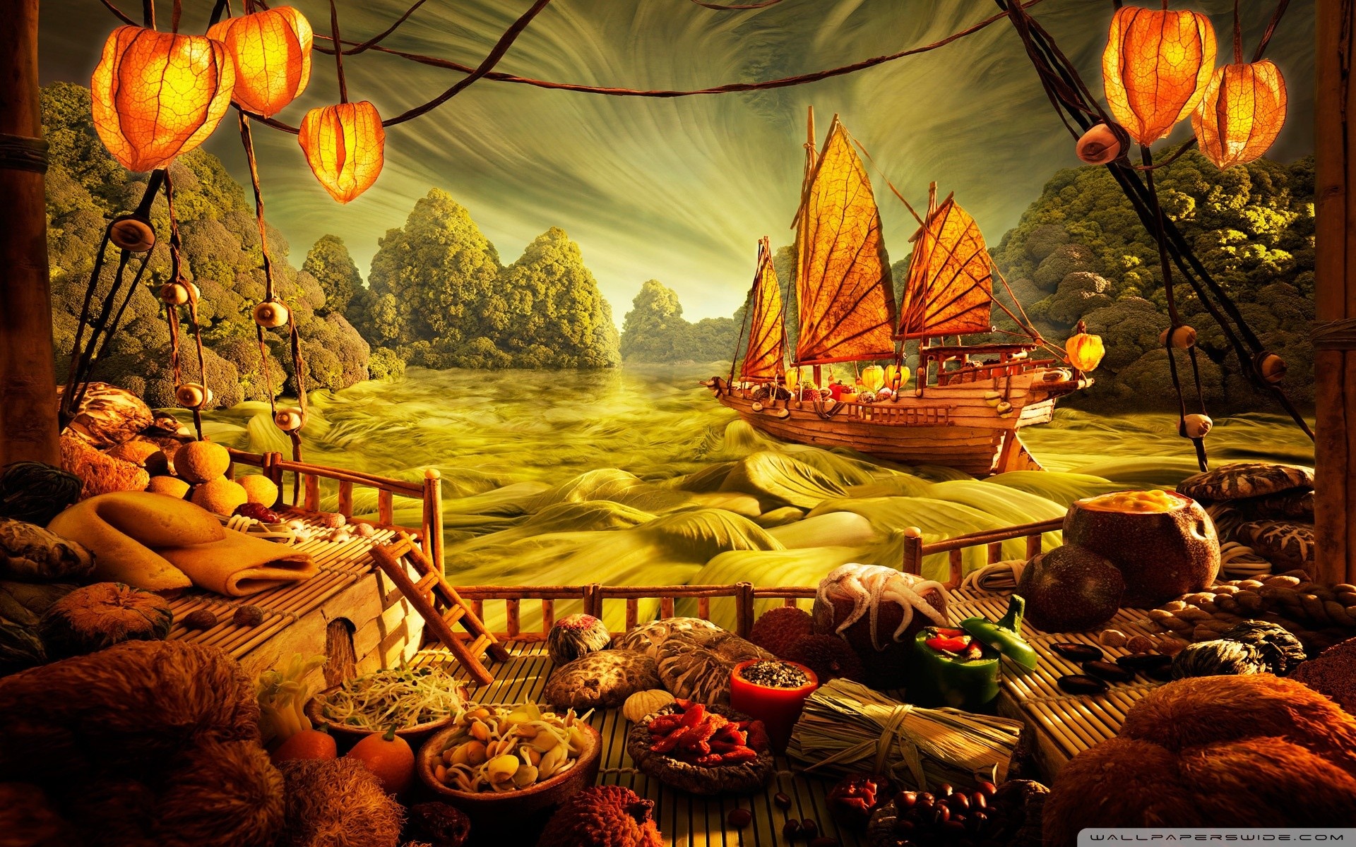 Arte fantasy, Giunca, Lanterne, Banchetto, Pittura digitale, Full HD, sfondo desktop