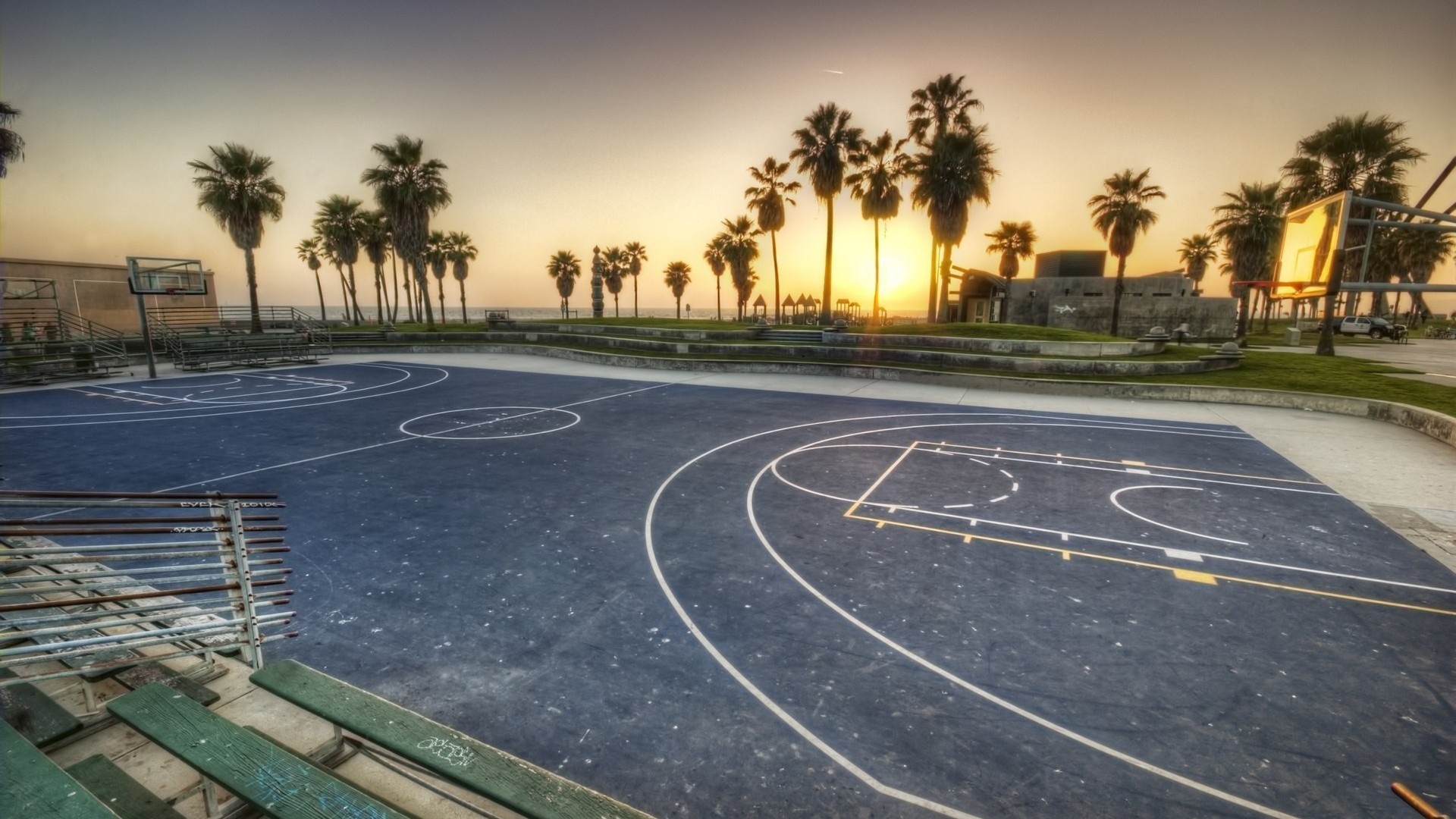 Venice Beach, Campo da basket, Palme, Tramonto, HDR, Full HD, sfondo Windows 11