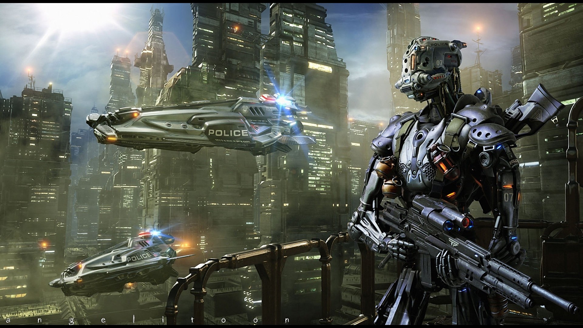 Robot soldato, Auto volanti, Città futuristica, Cyberpunk, 1920x1080, immagine di sfondo