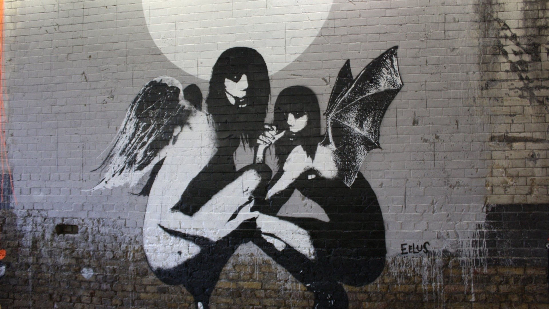 Stencil, Angelo, Demone, Due ragazze, Muro di mattoni, Full HD, wallpaper desktop