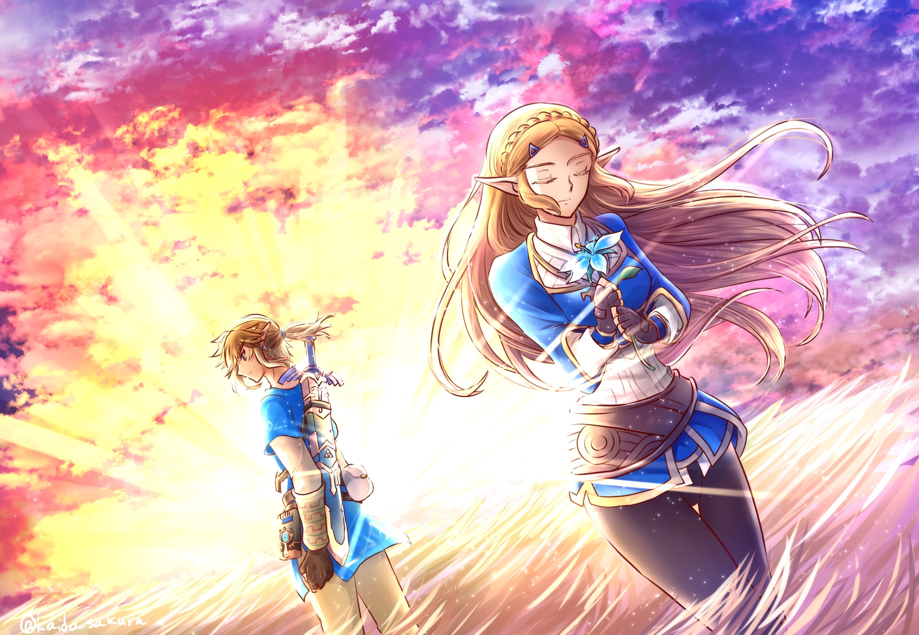 Principessa Zelda, Link, The Legend of Zelda: Breath of the Wild, Tramonto, sfondo 2K per portatile