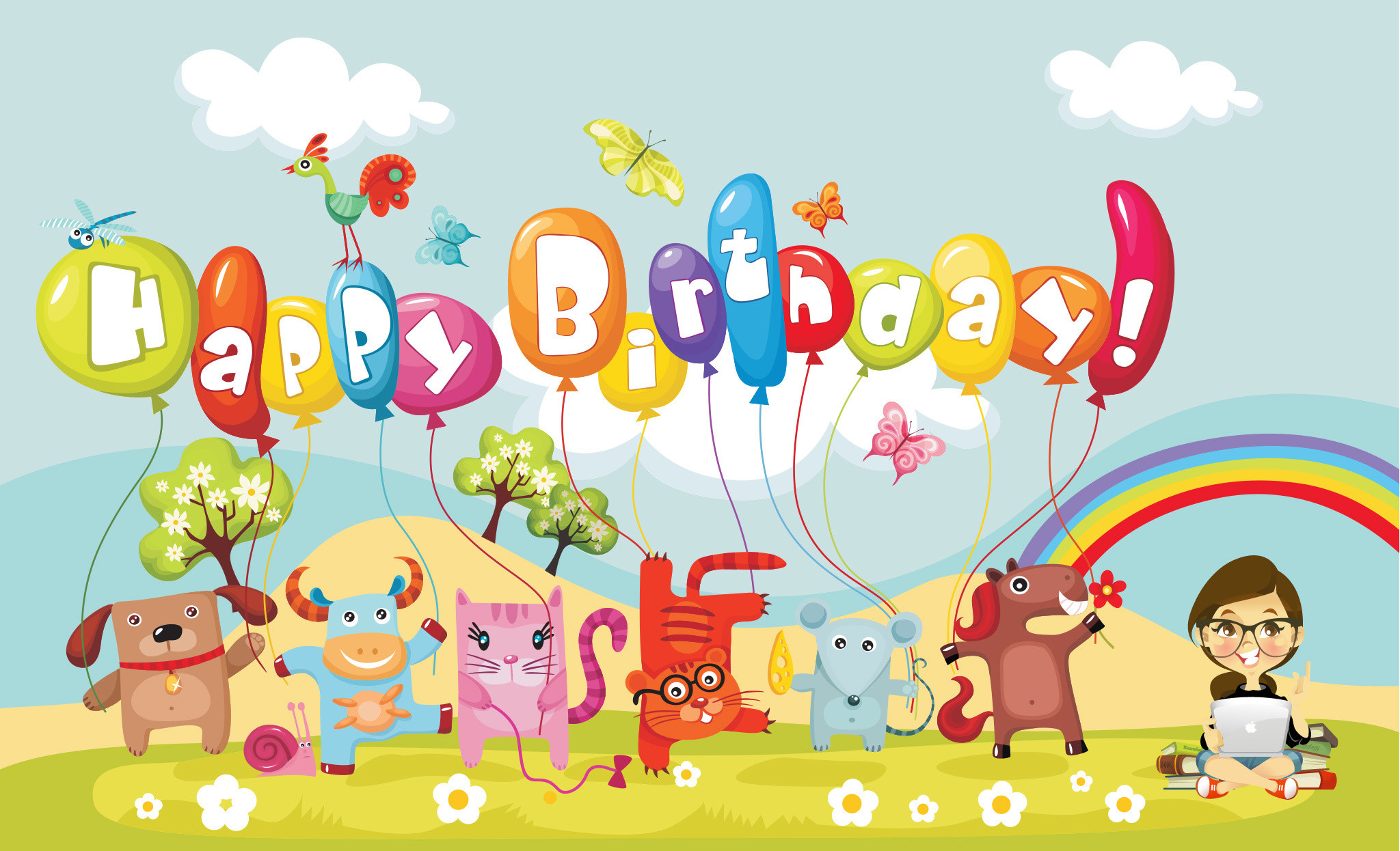 Happy Birthday, Palloncini, Animali, Cartoni animati, Arcobaleno, sfondo Full HD per computer