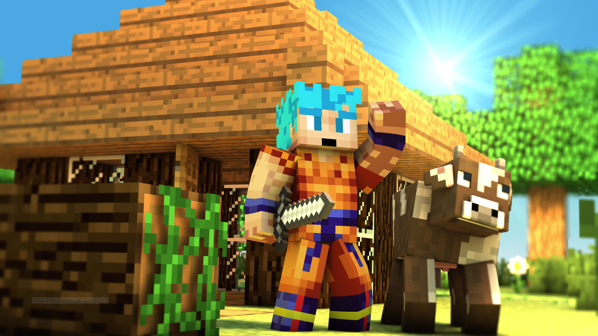 Minecraft, Novaskin, Goku, Mucca, Casa in legno, Full HD 1080p, sfondo desktop