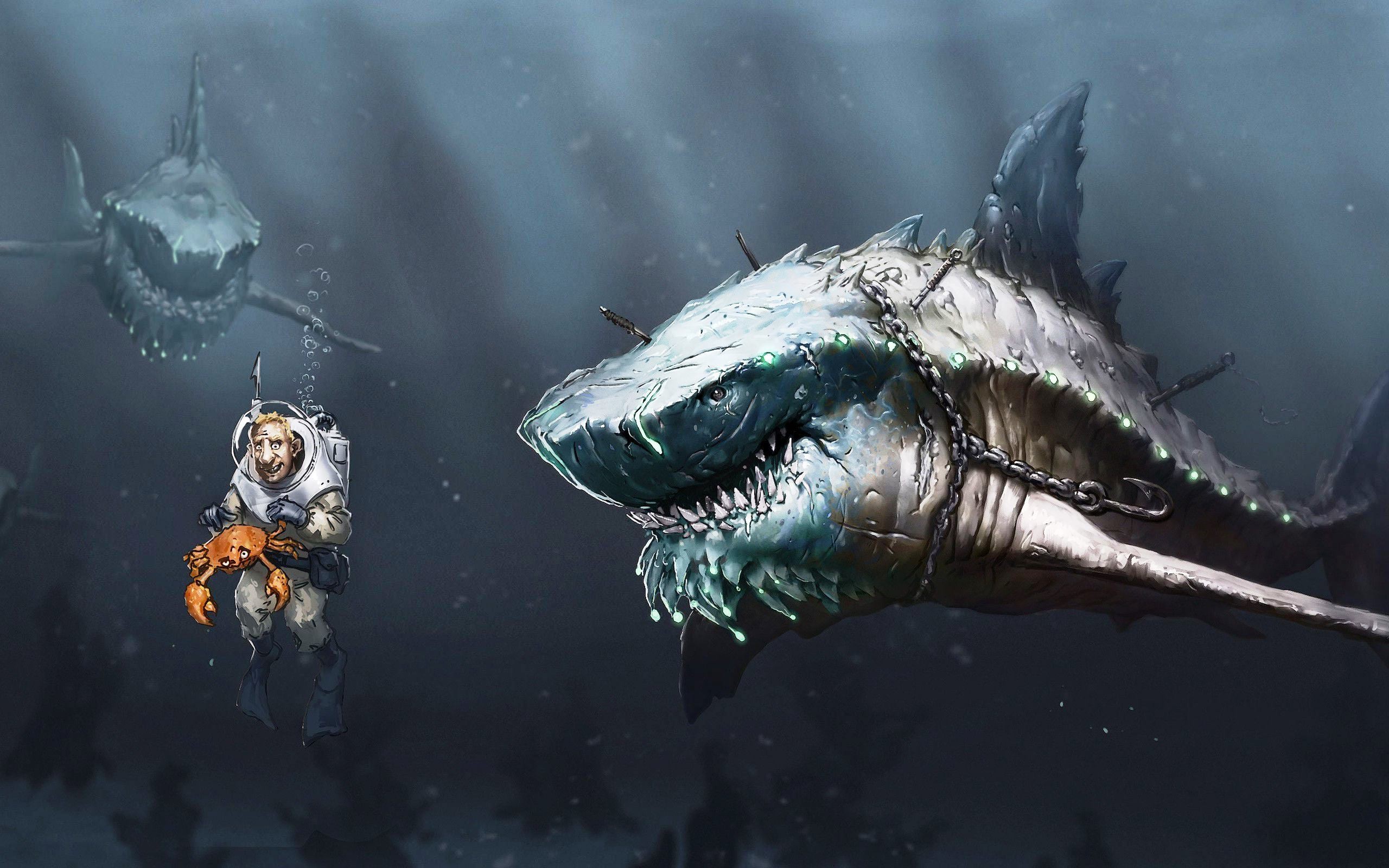 Squalo meccanico, Palombaro, Fantasy, Arte digitale, 2560x1600, sfondo per PC
