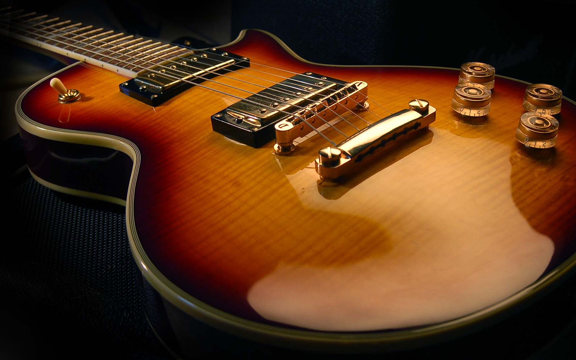 Gibson Les Paul, Sunburst, Pickup, Sfondo scuro, 16:10 Full HD, wallpaper widescreen