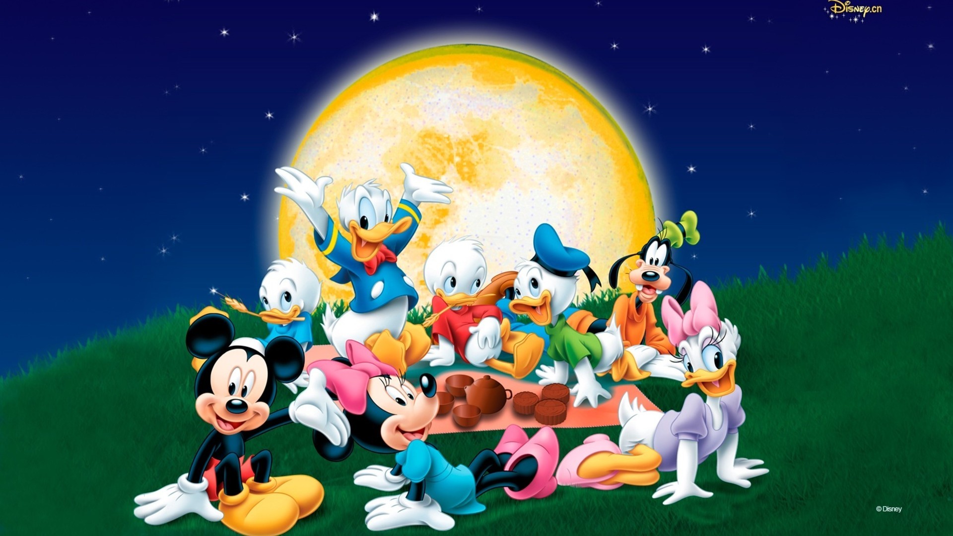 Topolino, Paperino, Paperina, Qui, Quo, Qua, Luna piena, Notte, Full HD, sfondo desktop