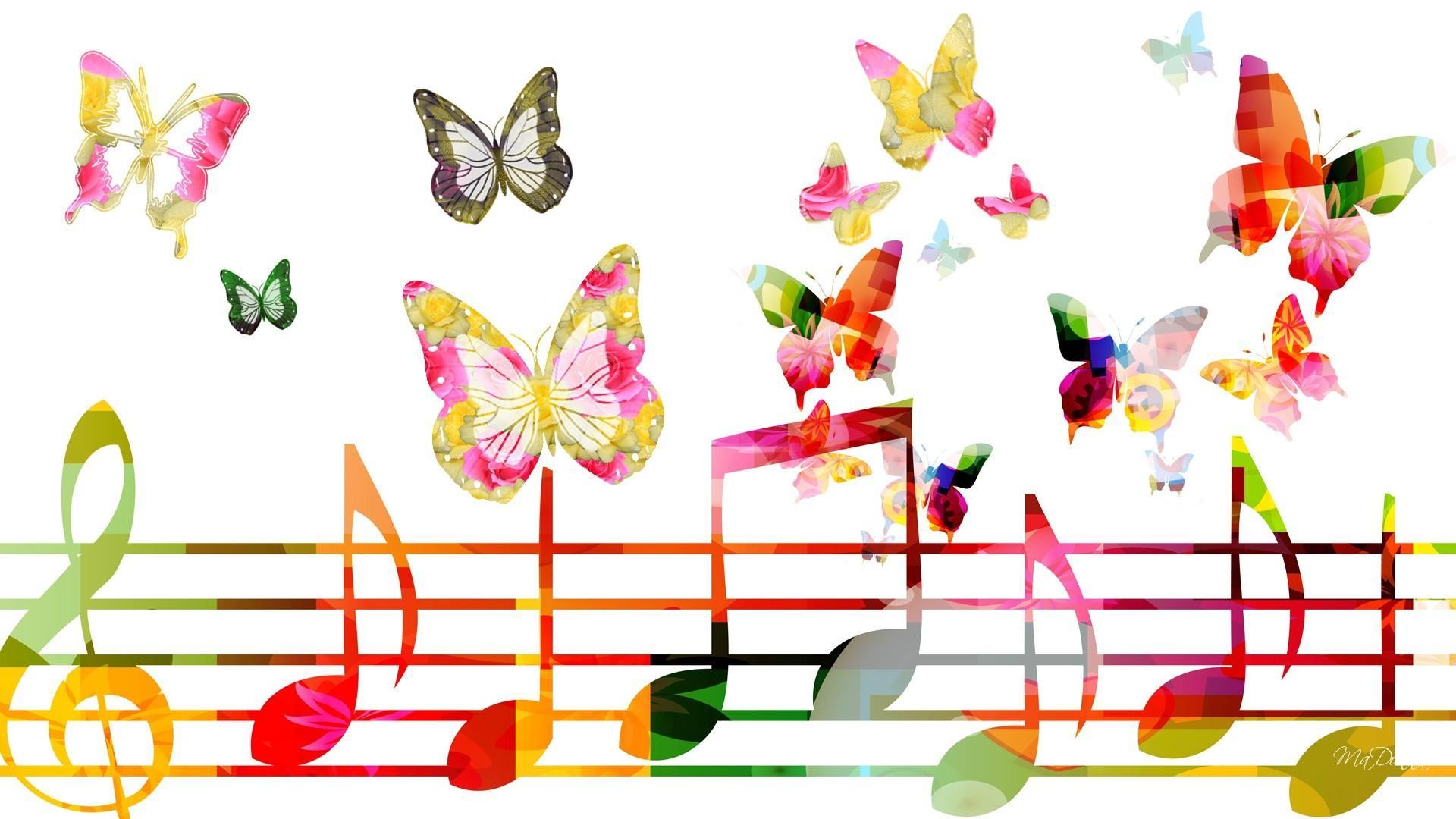 Note musicali, Farfalle, Chiave di violino, Pentagramma, Colorato, sfondo Windows 11