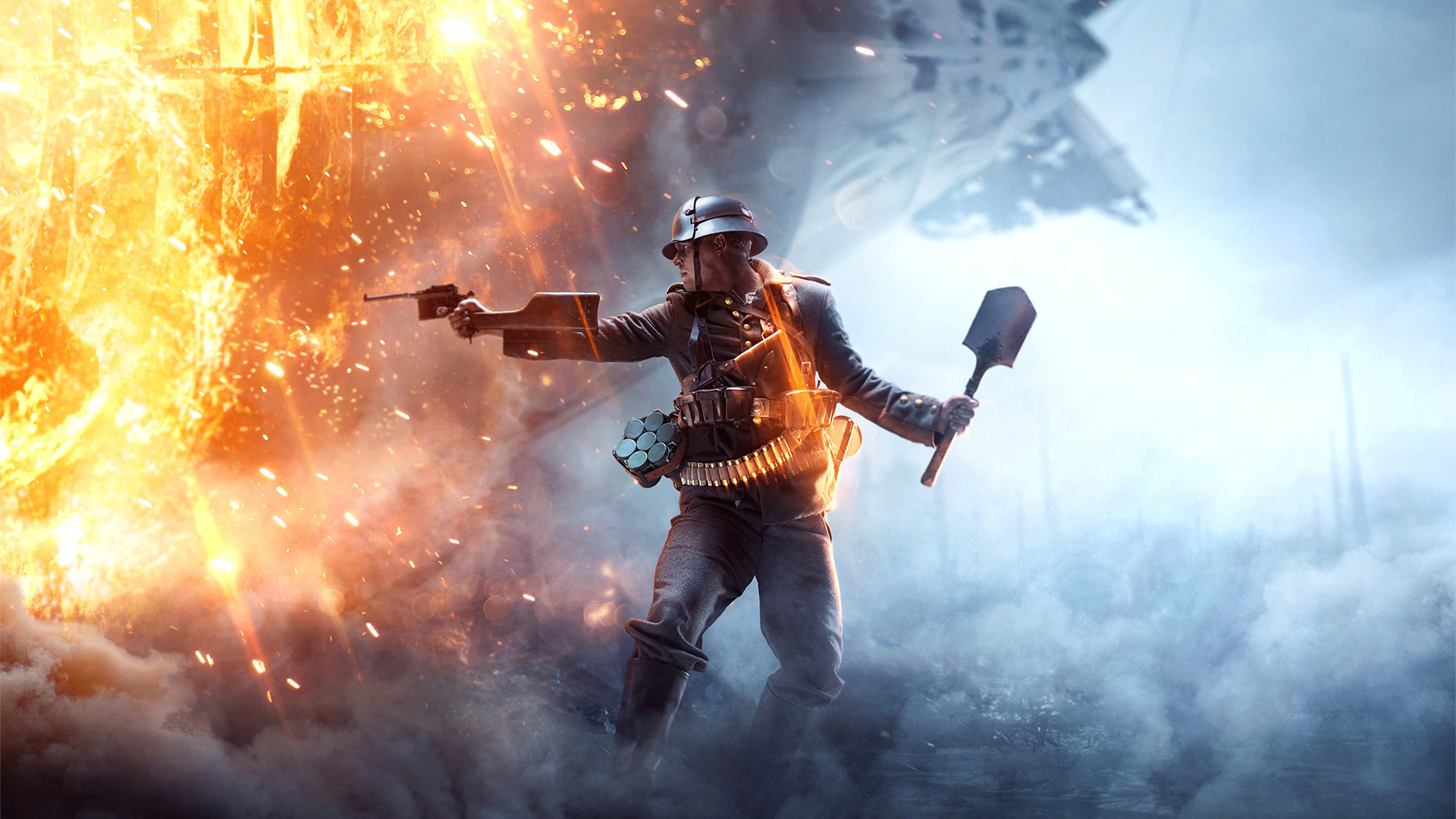 Battlefield 1, Soldato, Pala, Pistola, Esplosione, Full HD, wallpaper per PC