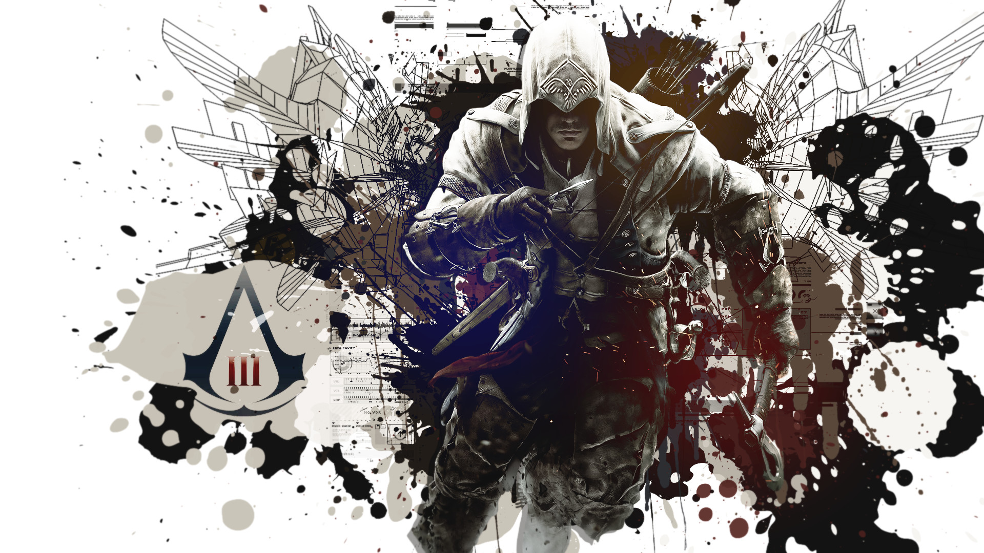 Connor Kenway, Assassin's Creed III, Schizzi di inchiostro, Simbolo degli Assassini, Sfondo bianco, wallpaper Full HD