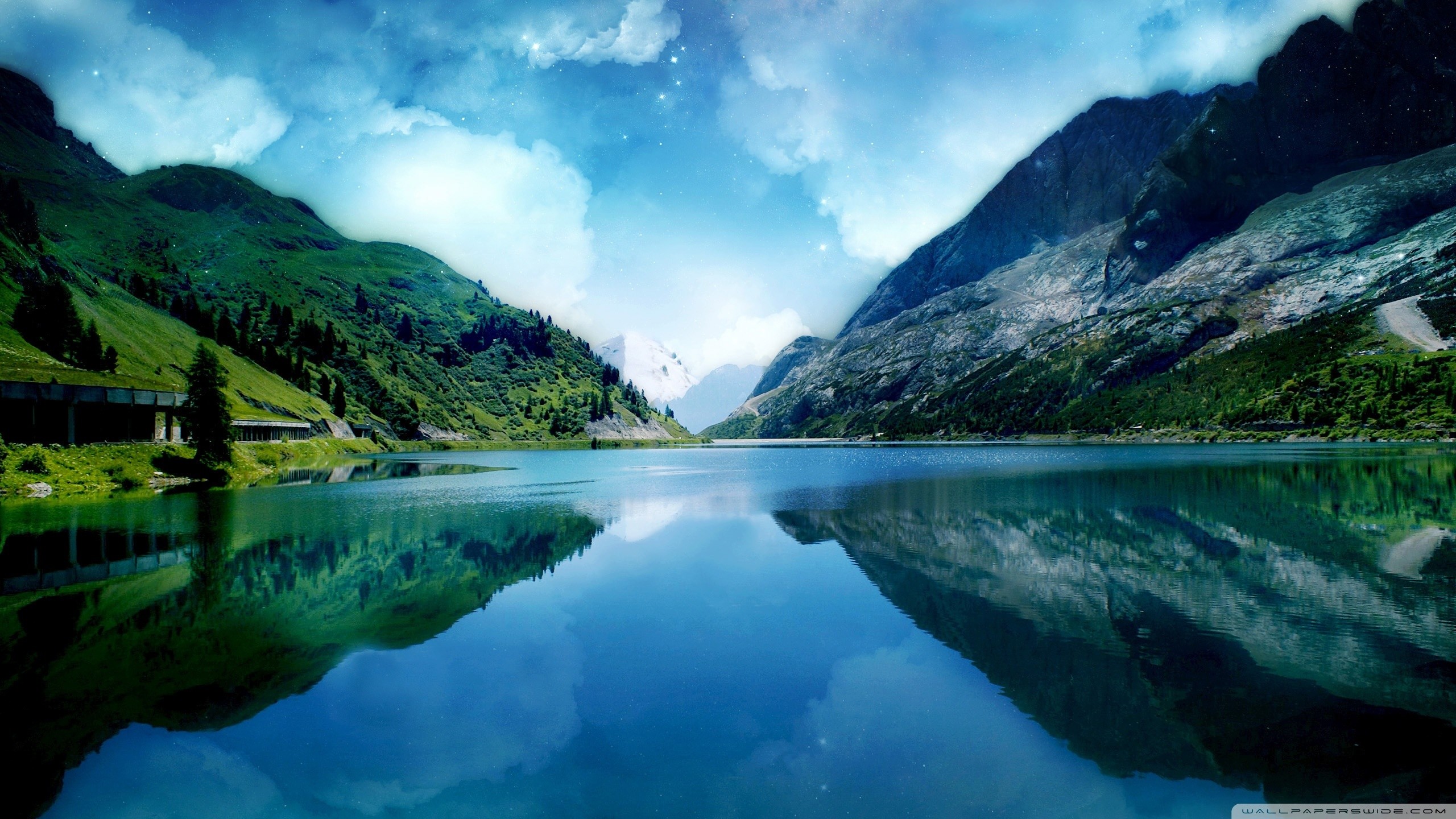 Lago di montagna, Riflesso, Montagne, Cielo, 2K, sfondo Windows 11