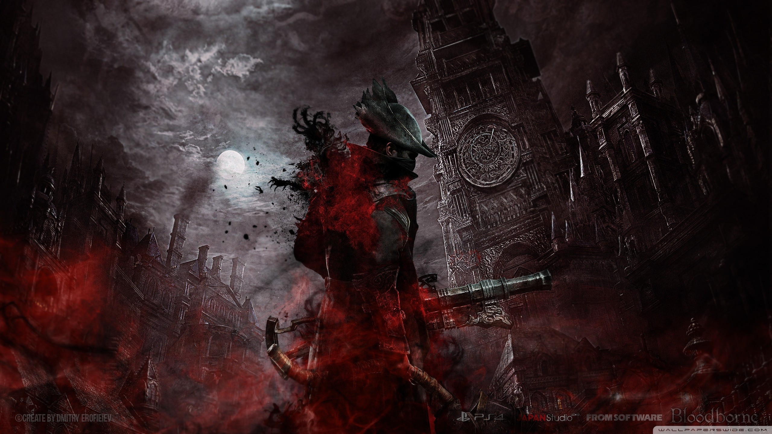 Cacciatore, Bloodborne, Torre dell'orologio, Toni rossi, 2K, sfondo per PC
