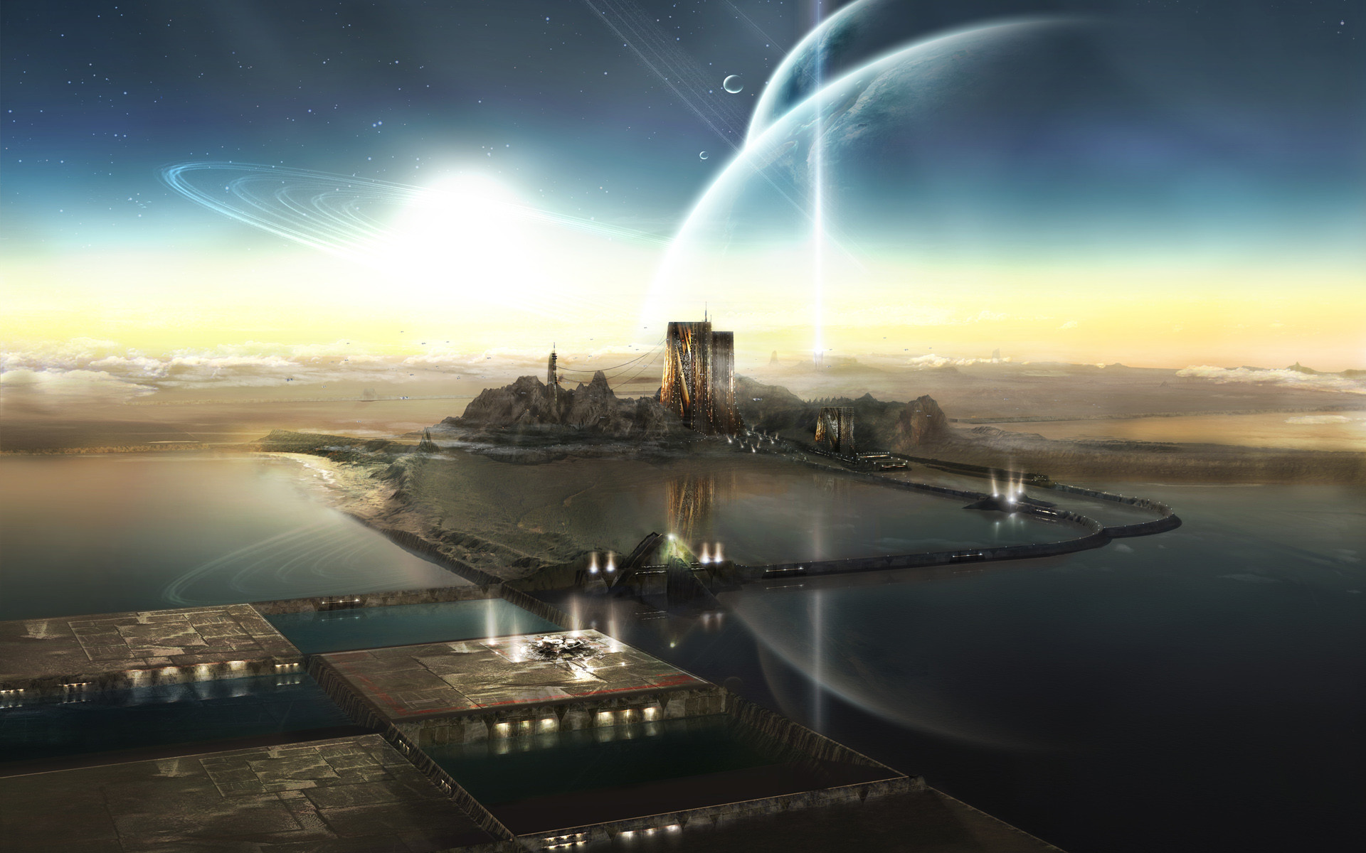 Città futuristica, Pianeta, Mare, Alba, Fantascienza, Full HD, sfondo per PC e portatile
