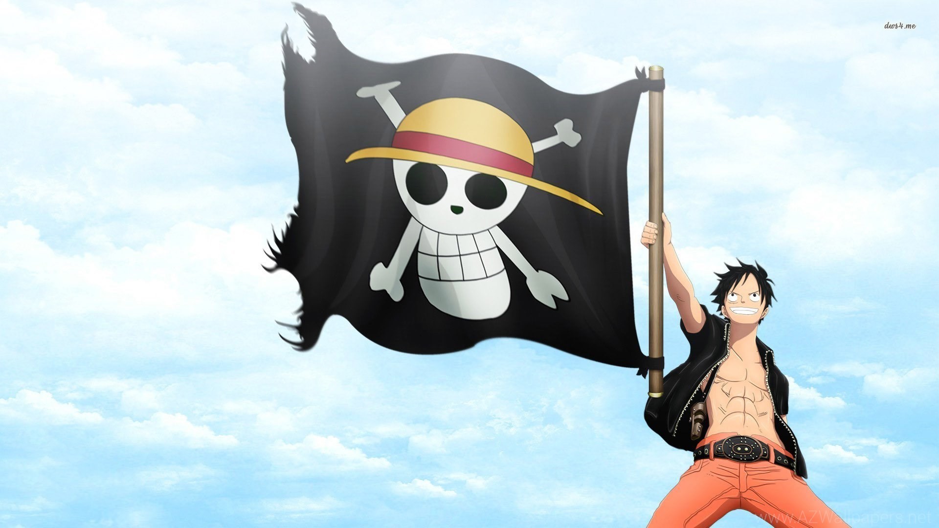 Monkey D. Luffy, One Piece, Jolly Roger, Bandiera, Cielo, Full HD, sfondo per PC