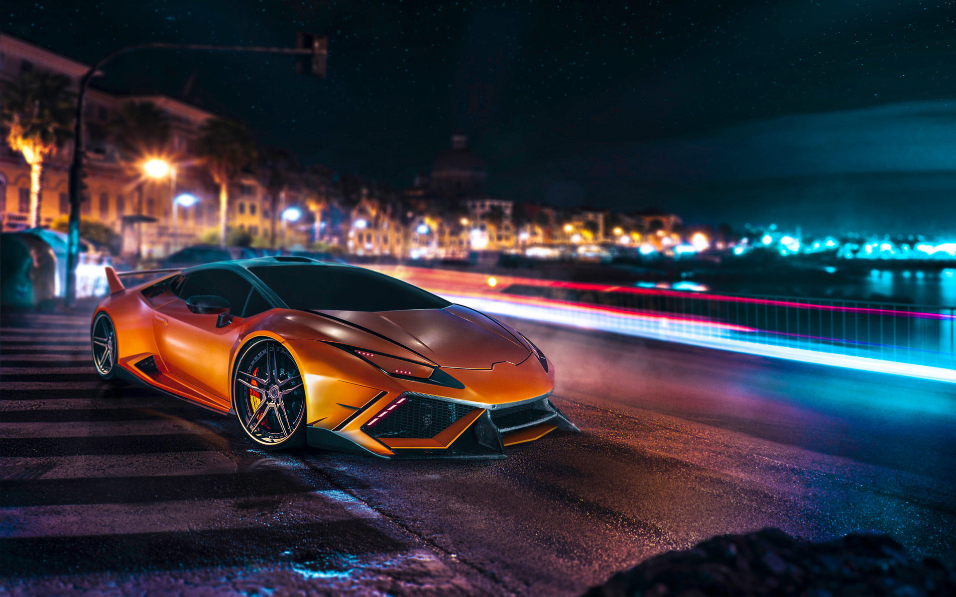 Lamborghini Huracán, Arancione, Notte, Scie luminose, Lungomare, sfondo widescreen Full HD