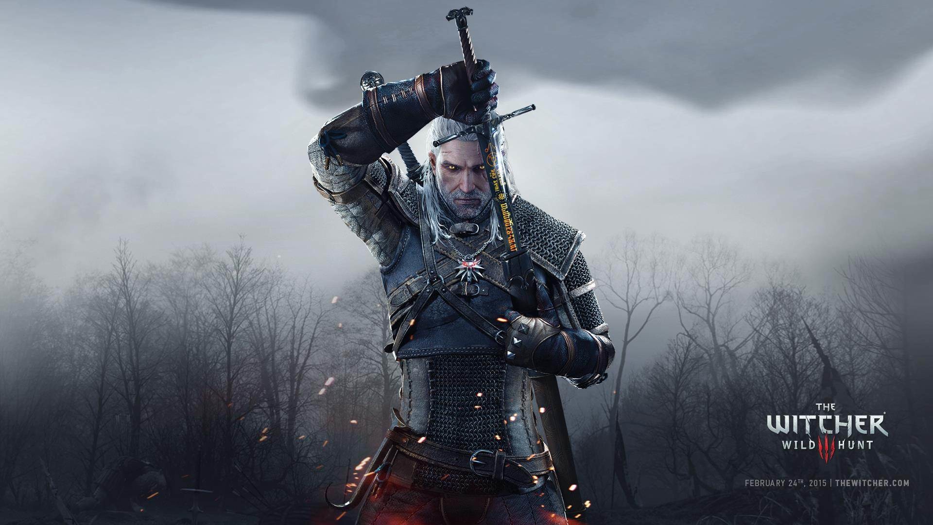 Geralt di Rivia, The Witcher 3: Wild Hunt, Spada, Nebbia, Full HD, sfondo Windows 11